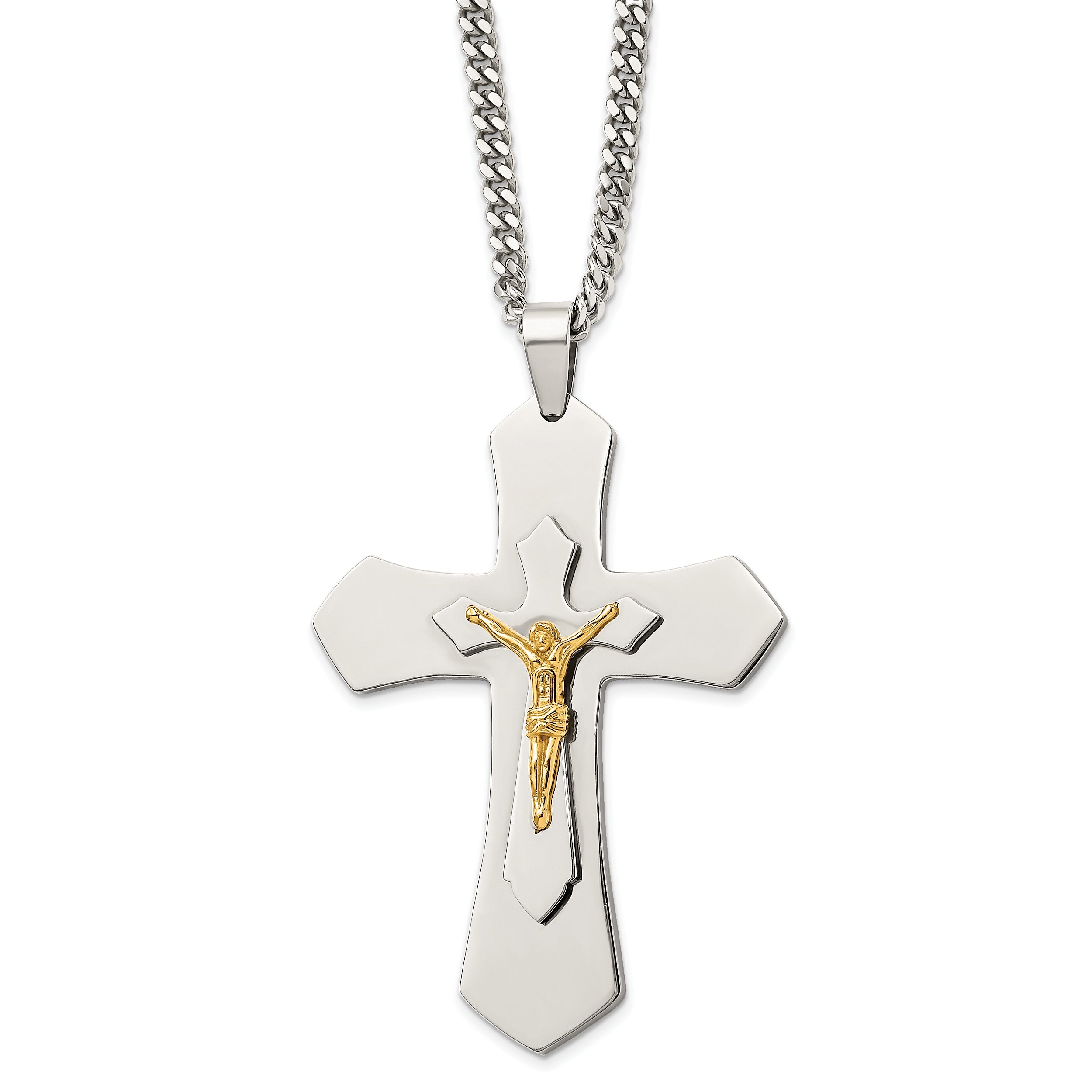 Stainless Steel Chisel Polished Yellow Ip-Plated Large Crucifix Pendant On A 24 Inch Curb Chain Necklace