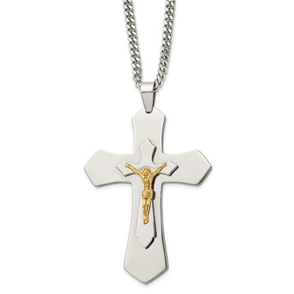 Stainless Steel Chisel Polished Yellow Ip-Plated Large Crucifix Pendant On A 24 Inch Curb Chain Necklace