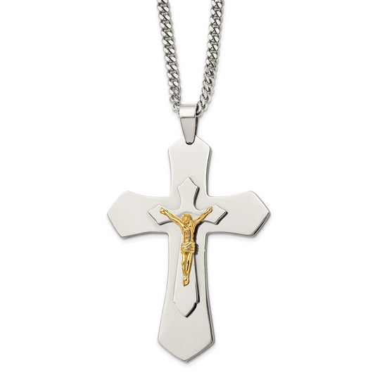 Stainless Steel Chisel Polished Yellow Ip-Plated Large Crucifix Pendant On A 24 Inch Curb Chain Necklace