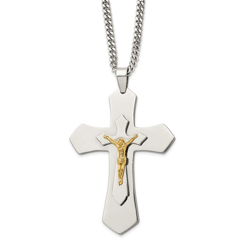 Stainless Steel Chisel Polished Yellow Ip-Plated Large Crucifix Pendant On A 24 Inch Curb Chain Necklace