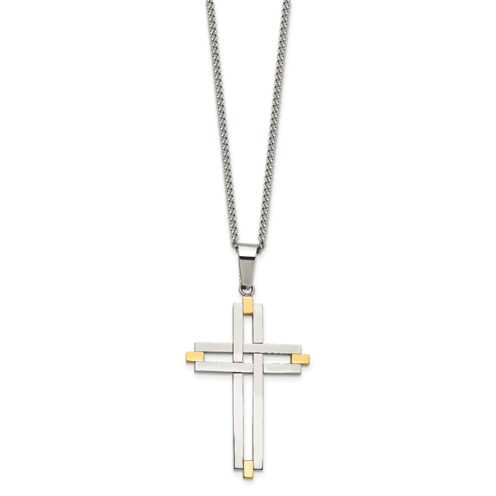 Stainless Steel Chisel Polished Yellow Ip-Plated Cross Pendant On A 22 Inch Curb Chain Necklace