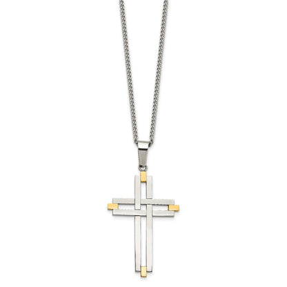 Stainless Steel Chisel Polished Yellow Ip-Plated Cross Pendant On A 22 Inch Curb Chain Necklace