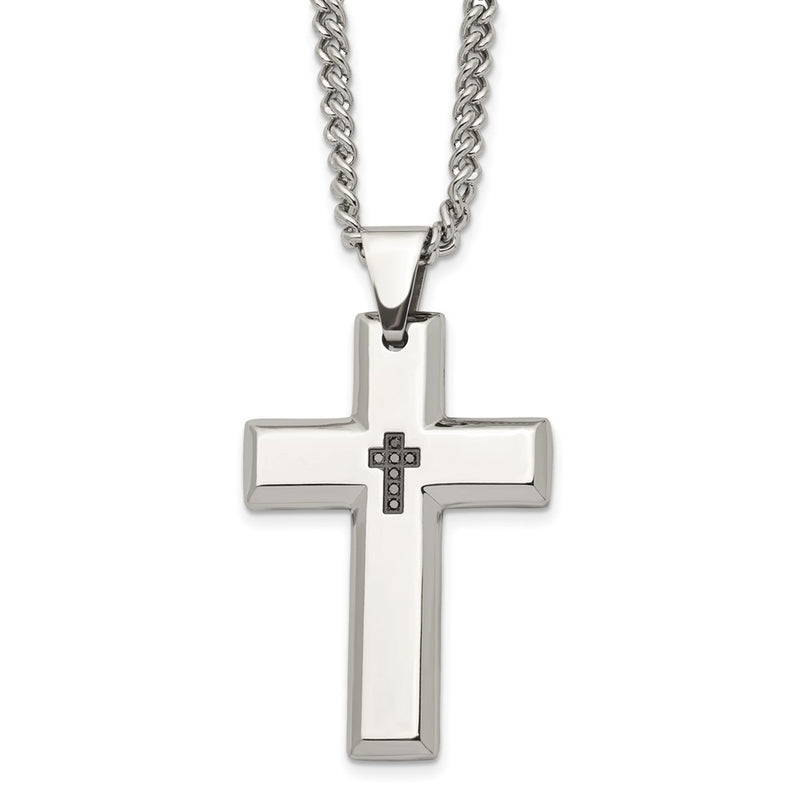 Stainless Steel Chisel Polished 1/10 Carat Black Diamond Cross Pendant On A 22 Inch Curb Chain Necklace
