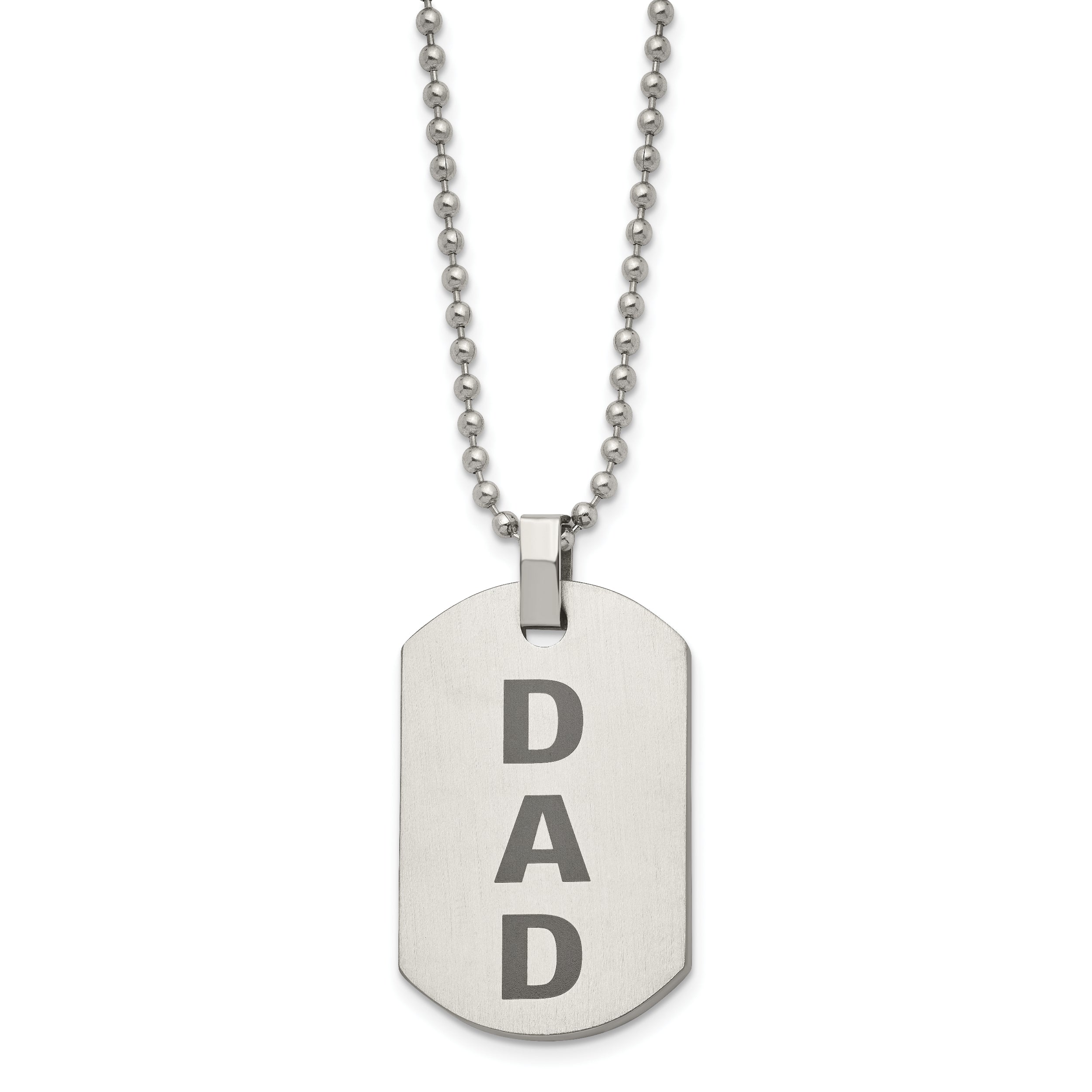 Stainless Steel Chisel Polished And Lasered Dad Dog Tag On A 24 Inch Ball Chain Necklace