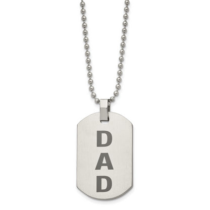 Stainless Steel Chisel Polished And Lasered Dad Dog Tag On A 24 Inch Ball Chain Necklace