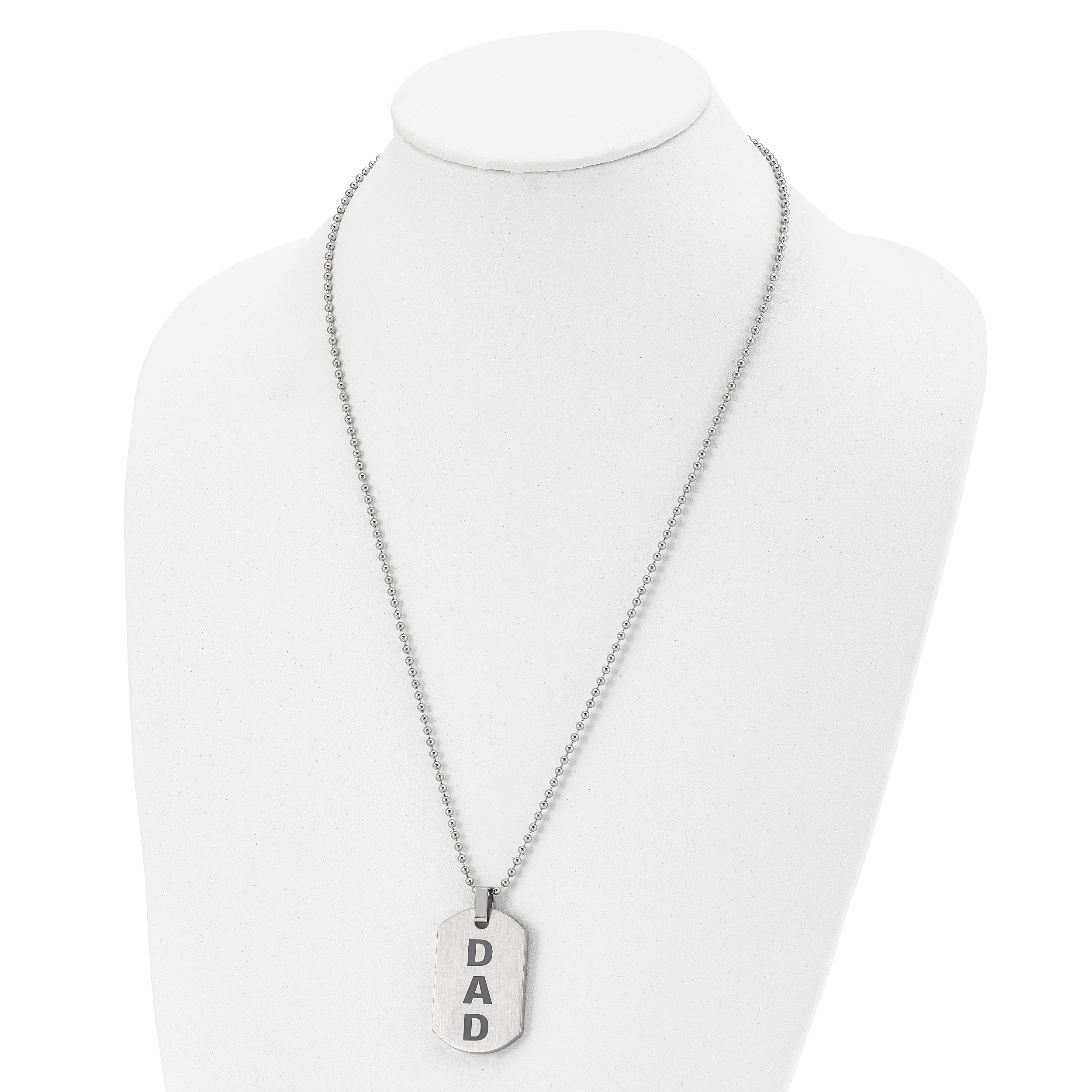 Stainless Steel Chisel Polished And Lasered Dad Dog Tag On A 24 Inch Ball Chain Necklace