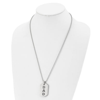 Stainless Steel Chisel Polished And Lasered Dad Dog Tag On A 24 Inch Ball Chain Necklace