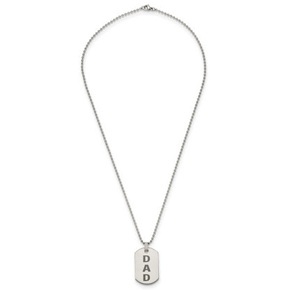 Stainless Steel Chisel Polished And Lasered Dad Dog Tag On A 24 Inch Ball Chain Necklace
