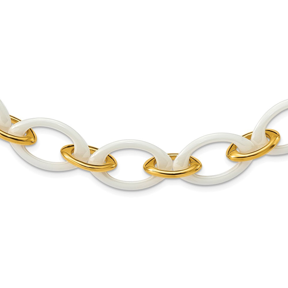Stainless Steel Polished Yellow Ip & White Ceramic 20In Necklace