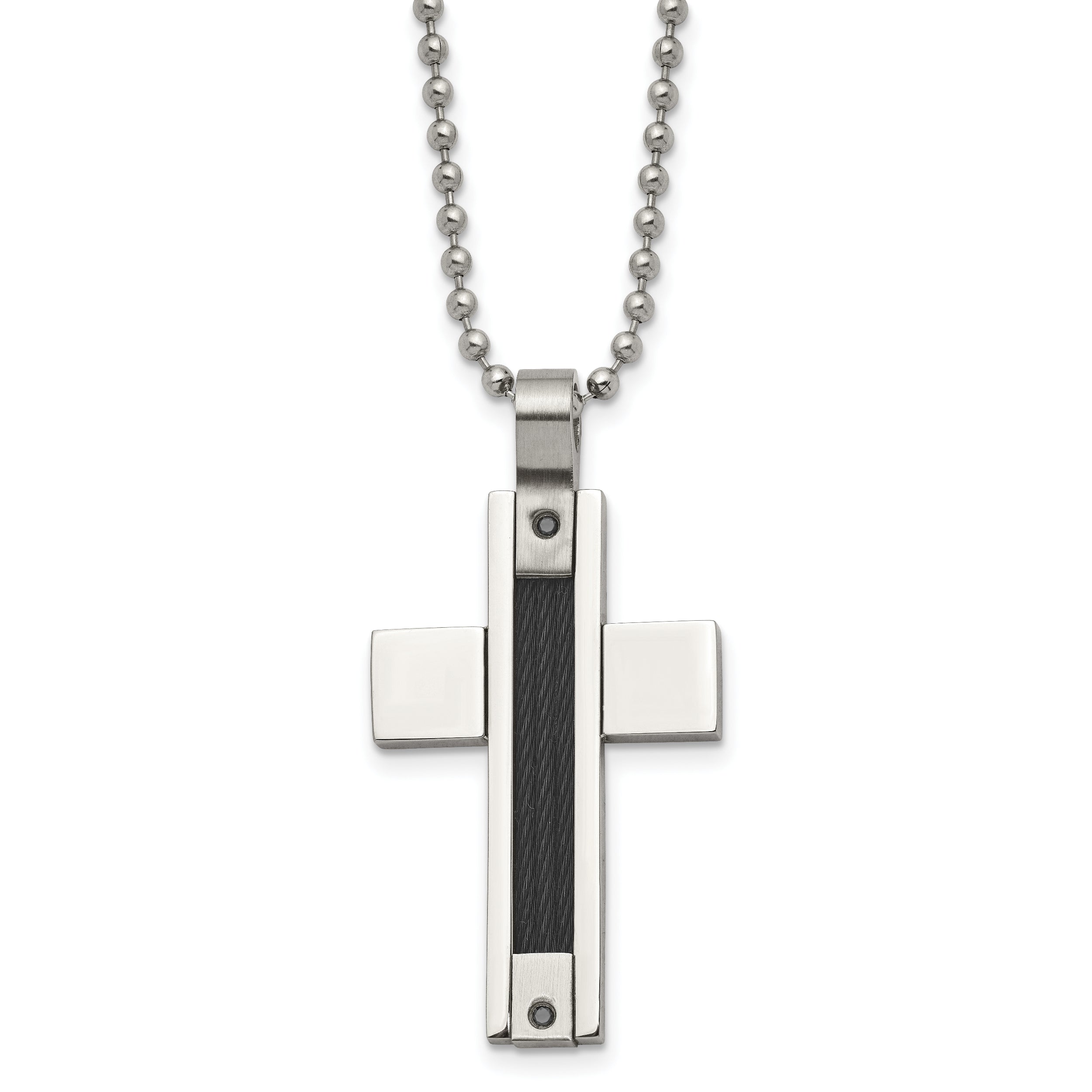 Stainless Steel Chisel Polished Black Ip-Plated Cable 1/20 Carat Diamond Cross Pendant Ona 24 Inch Ball Chain Necklace