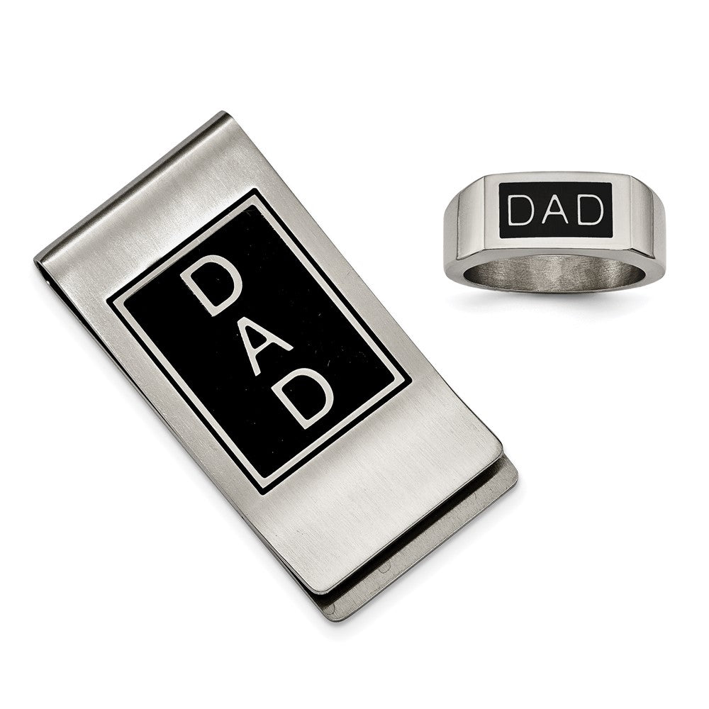Stainless Steel Black Enamel Dad Money Clip & Ring Set