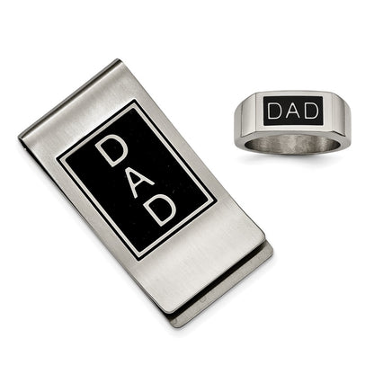 Stainless Steel Black Enamel Dad Money Clip & Ring Set