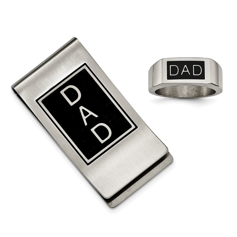 Stainless Steel Black Enamel Dad Money Clip & Ring Set