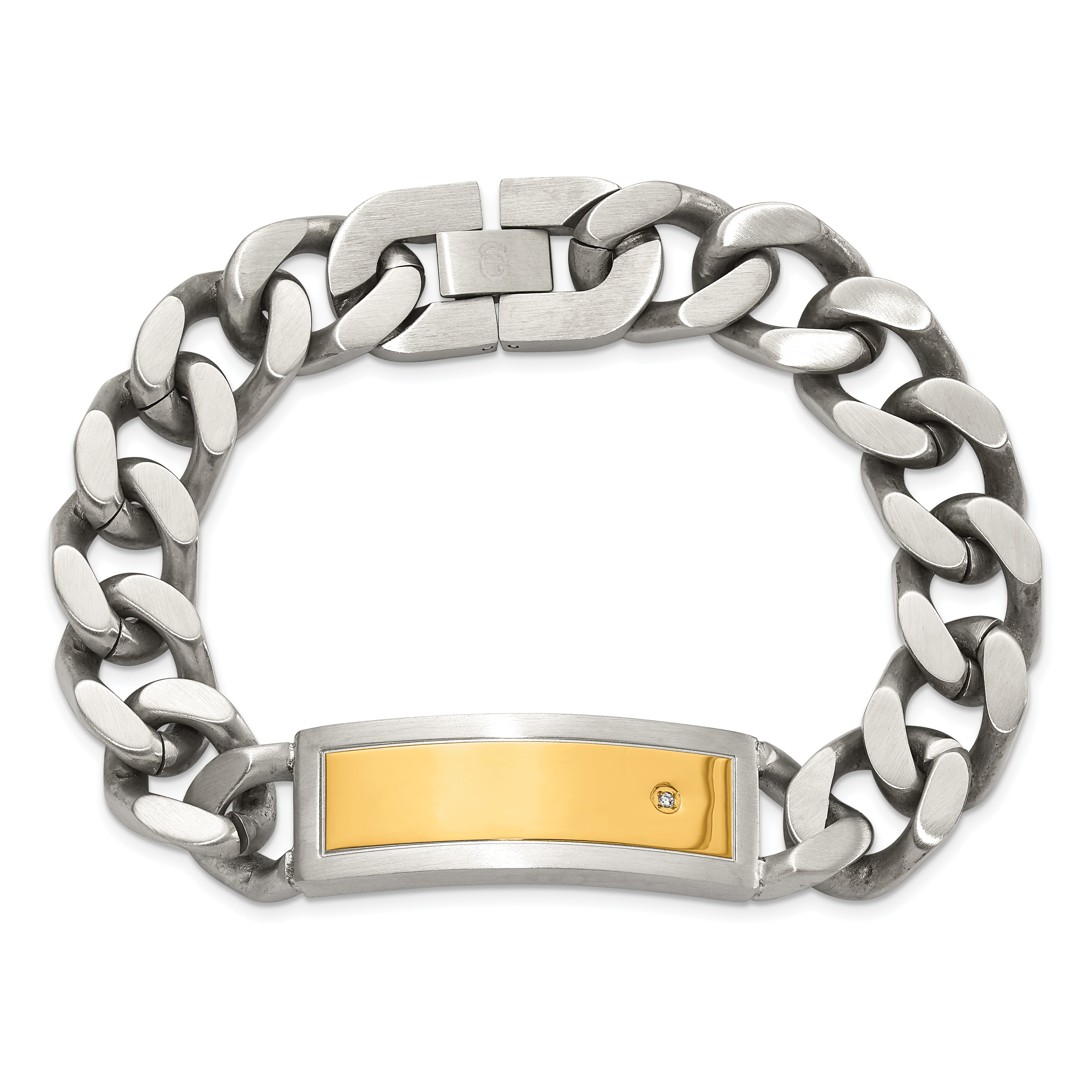 Stainless Steel Chisel Polished And Matte Yellow Ip-Plated With Cz 24 Inchnecklace 8.5 Inch Bracelet Set