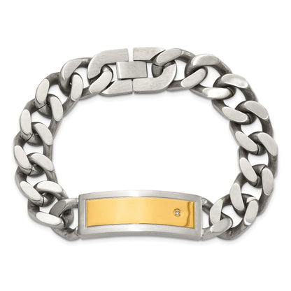 Stainless Steel Chisel Polished And Matte Yellow Ip-Plated With Cz 24 Inchnecklace 8.5 Inch Bracelet Set