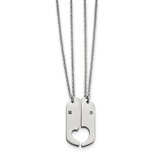 Stainless Steel Polished W/Cz 1/2 Hearts Dog Tag 20 Inch Necklace Set