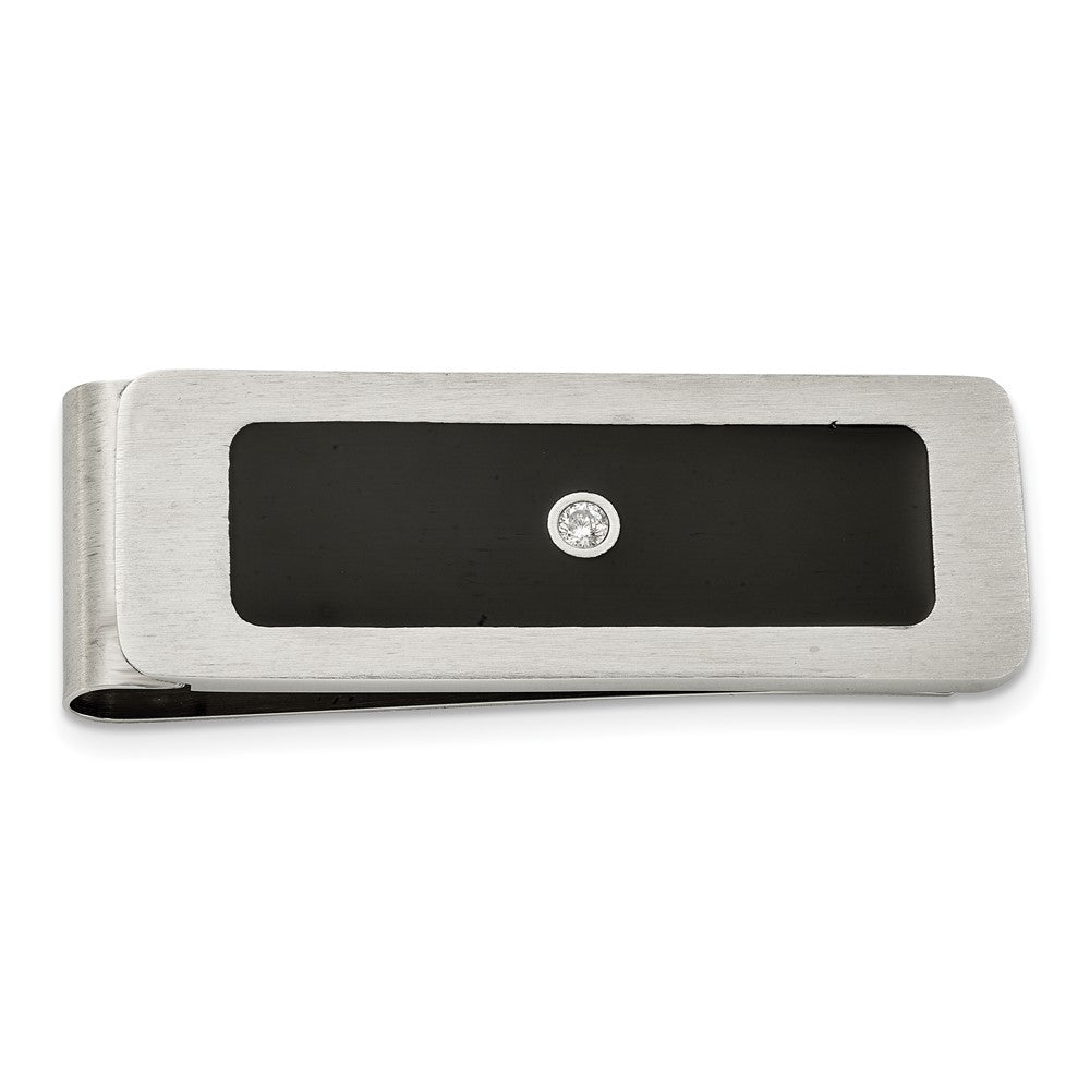 Stainless Steel Chisel Brushed And Polished Black Enamel Cz Key Ring, Money Clip, Cuff Link Tie Bar Boxed Set