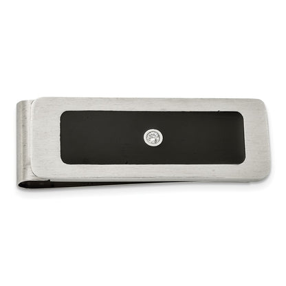 Stainless Steel Chisel Brushed And Polished Black Enamel Cz Key Ring, Money Clip, Cuff Link Tie Bar Boxed Set