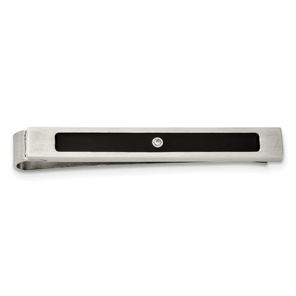 Stainless Steel Chisel Brushed And Polished Black Enamel Cz Key Ring, Money Clip, Cuff Link Tie Bar Boxed Set
