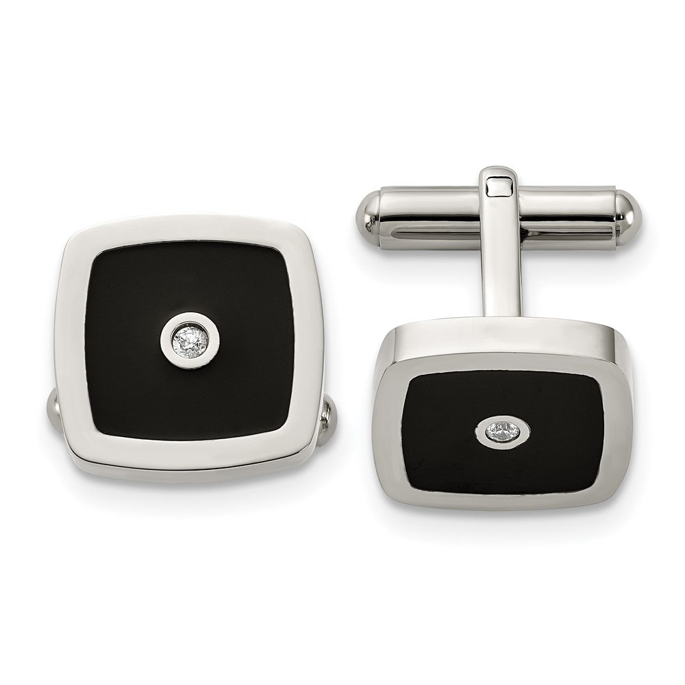 Stainless Steel Chisel Brushed And Polished Black Enamel Cz Key Ring, Money Clip, Cuff Link Tie Bar Boxed Set