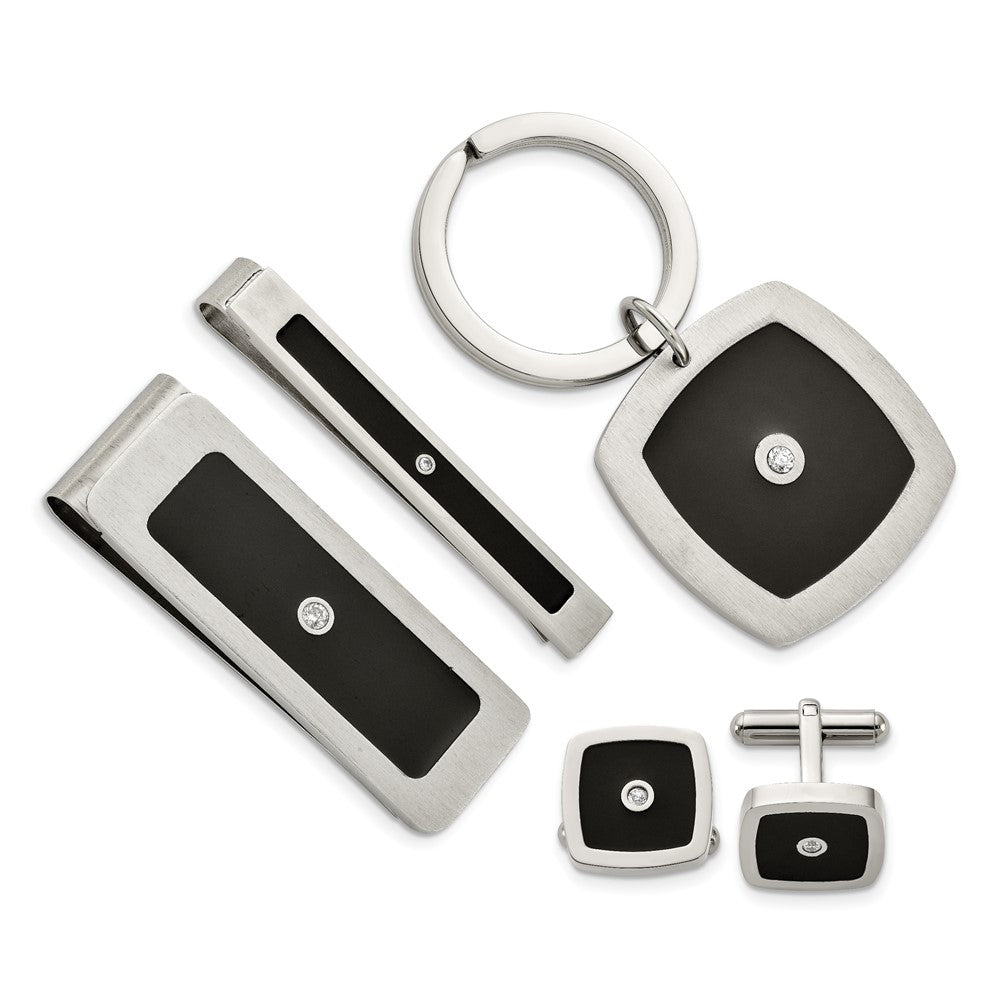 Stainless Steel Chisel Brushed And Polished Black Enamel Cz Key Ring, Money Clip, Cuff Link Tie Bar Boxed Set