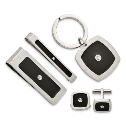 Stainless Steel Chisel Brushed And Polished Black Enamel Cz Key Ring, Money Clip, Cuff Link Tie Bar Boxed Set