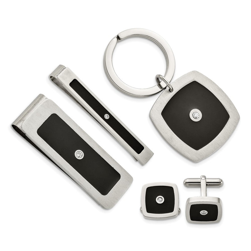 Stainless Steel Chisel Brushed And Polished Black Enamel Cz Key Ring, Money Clip, Cuff Link Tie Bar Boxed Set