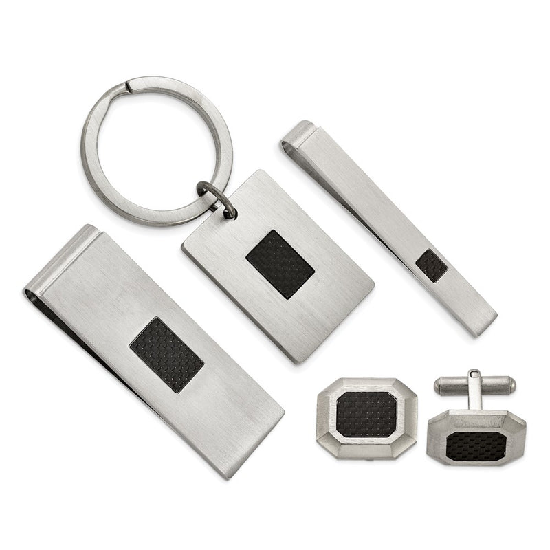 Stainless Steel Chisel Brushed Black Carbon Fiber Inlay 4-Piece Key Ring, Money Clip, Cuff Link And Tie Bar Boxed Set