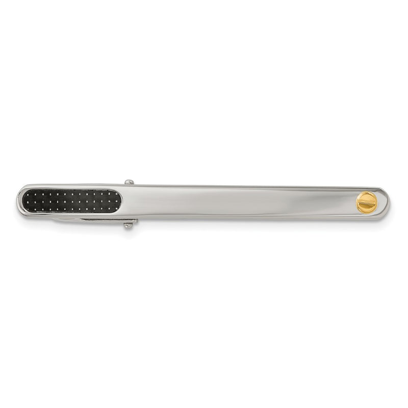 Stainless Steel Chisel With 18K Gold Accent Polished Black Carbon Fiber Inlay Tie Bar