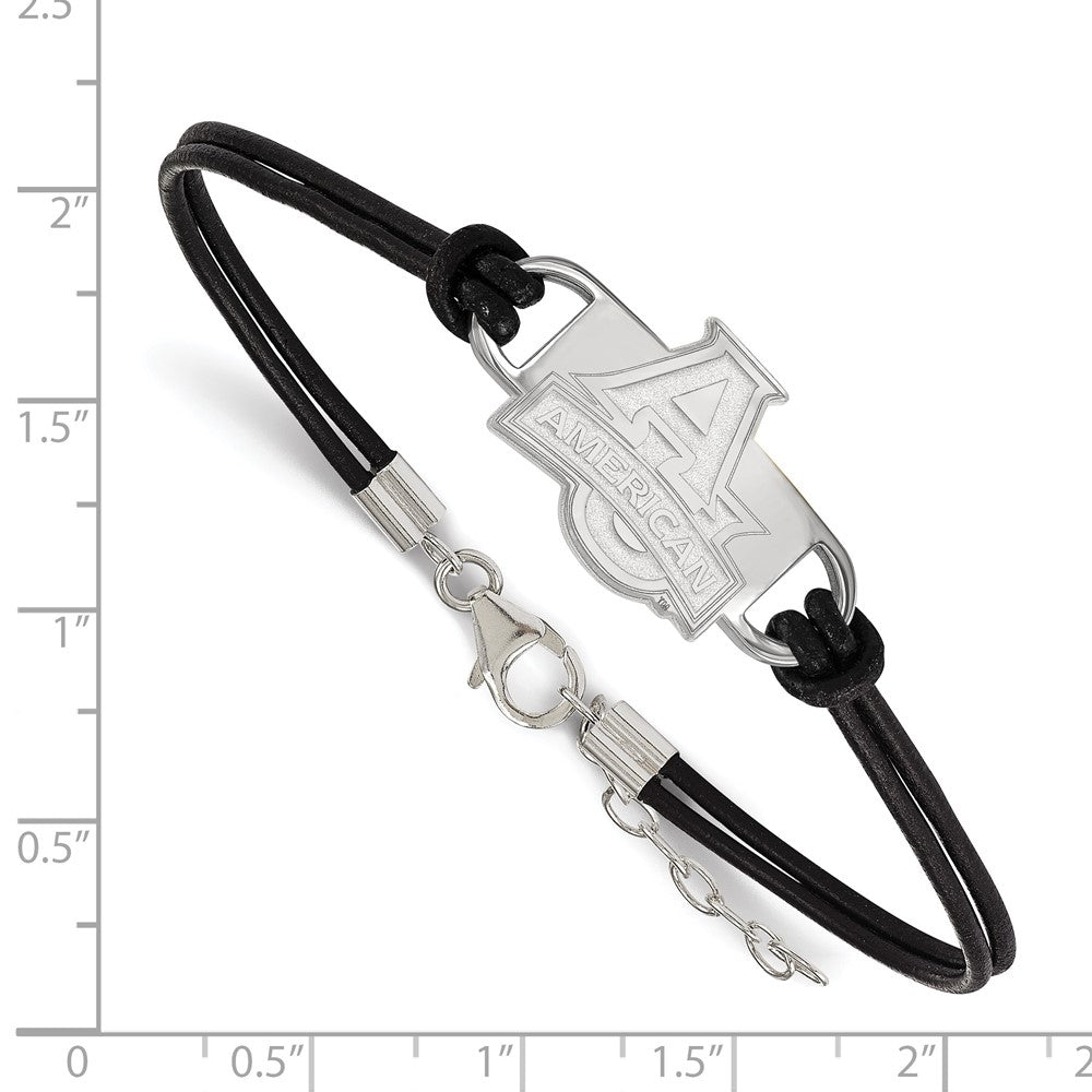 Sterling Silver Rhodium Plated Logoart American University Small Center Black Leather 7 Inch Bracelet With Extender
