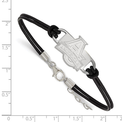 Sterling Silver Rhodium Plated Logoart American University Small Center Black Leather 7 Inch Bracelet With Extender