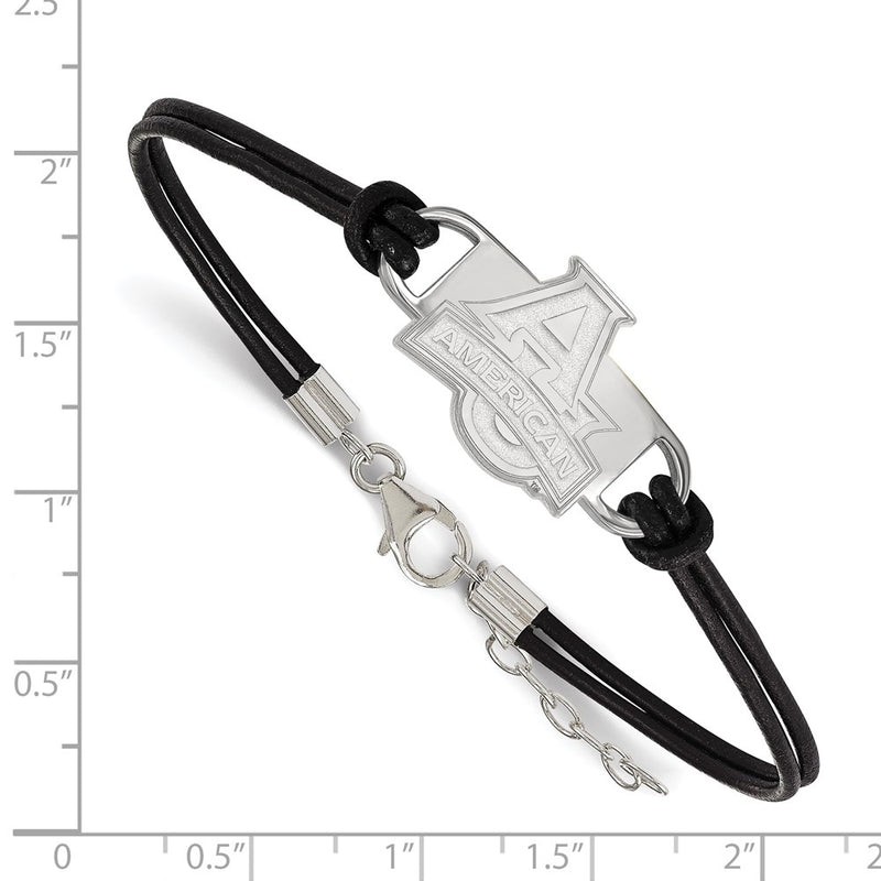 Sterling Silver Rhodium Plated Logoart American University Small Center Black Leather 7 Inch Bracelet With Extender