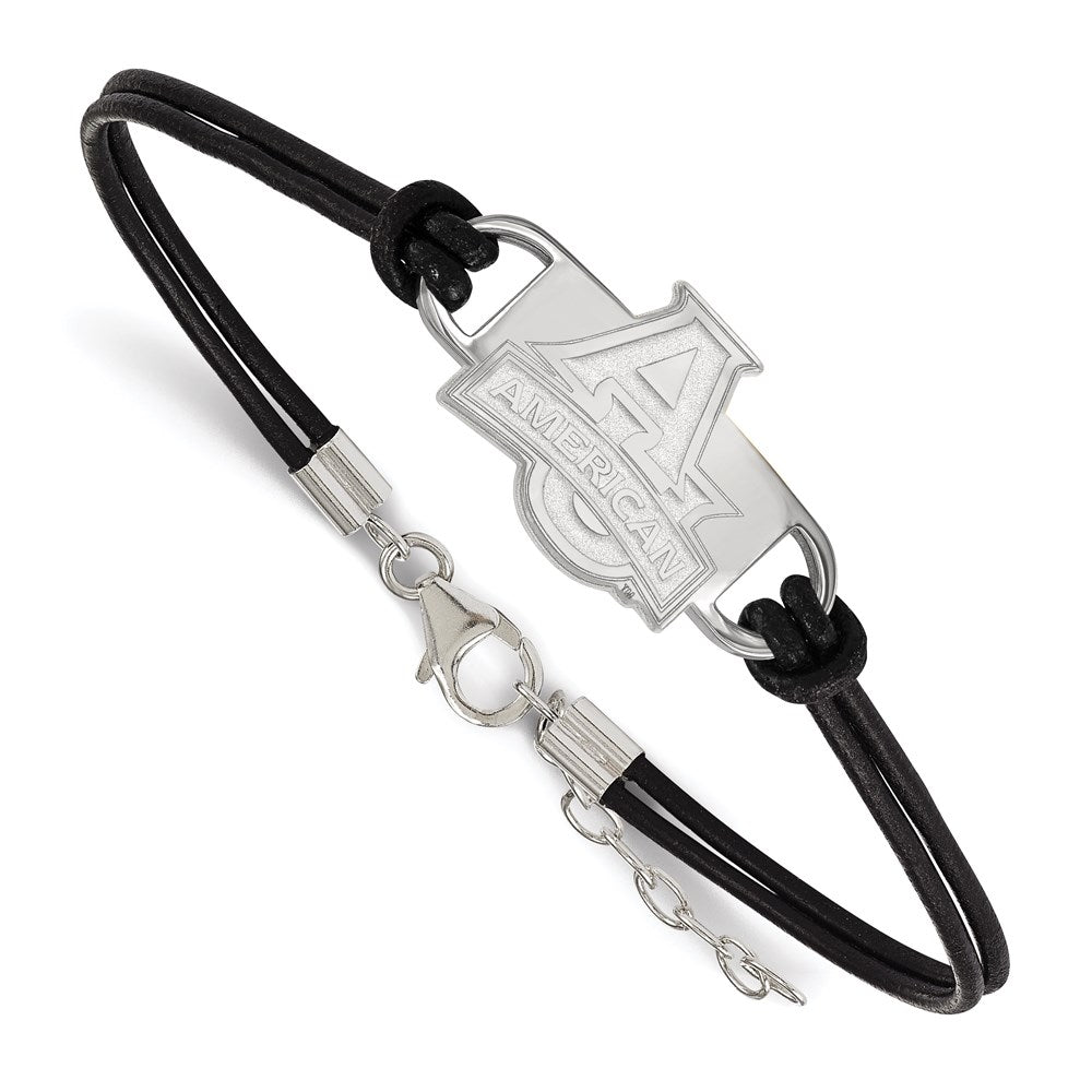 Sterling Silver Rhodium Plated Logoart American University Small Center Black Leather 7 Inch Bracelet With Extender