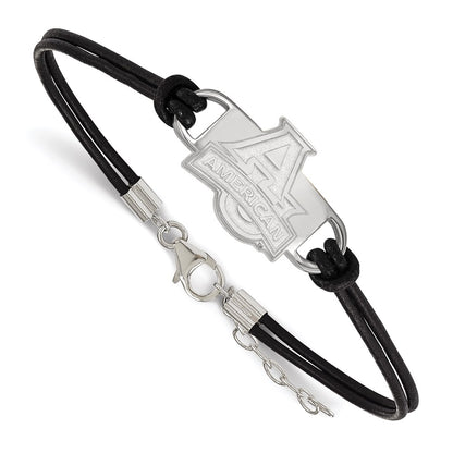 Sterling Silver Rhodium Plated Logoart American University Small Center Black Leather 7 Inch Bracelet With Extender