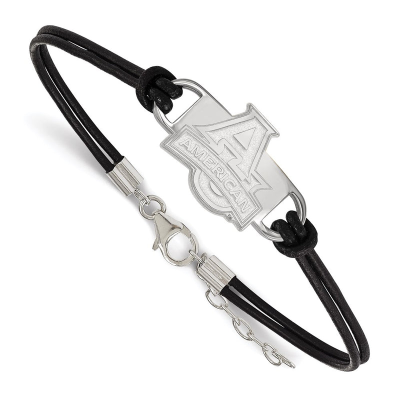 Sterling Silver Rhodium Plated Logoart American University Small Center Black Leather 7 Inch Bracelet With Extender