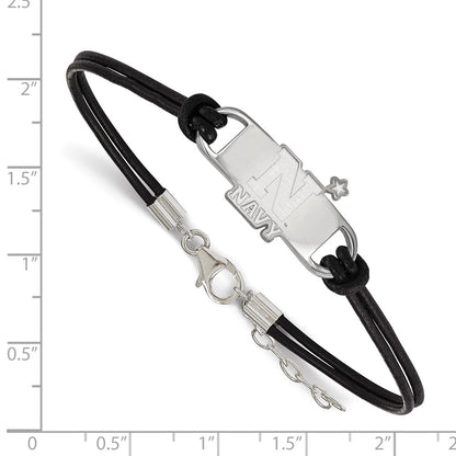 Sterling Silver Rhodium Plated Logoart Us Naval Academy Small Center Black Leather 7 Inch Bracelet With Extender