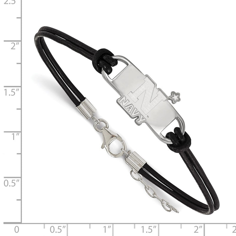 Sterling Silver Rhodium Plated Logoart Us Naval Academy Small Center Black Leather 7 Inch Bracelet With Extender