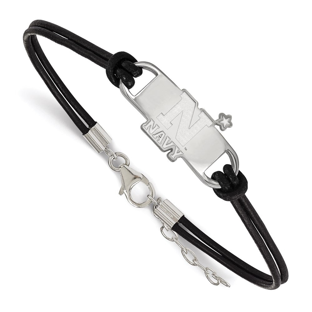 Sterling Silver Rhodium Plated Logoart Us Naval Academy Small Center Black Leather 7 Inch Bracelet With Extender
