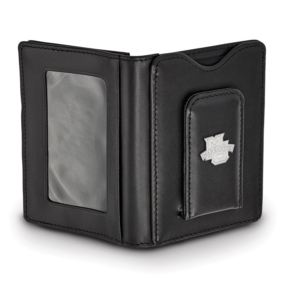 Sterling S. Rhodium Plated Logoart Marquette University Black Leather Wallet