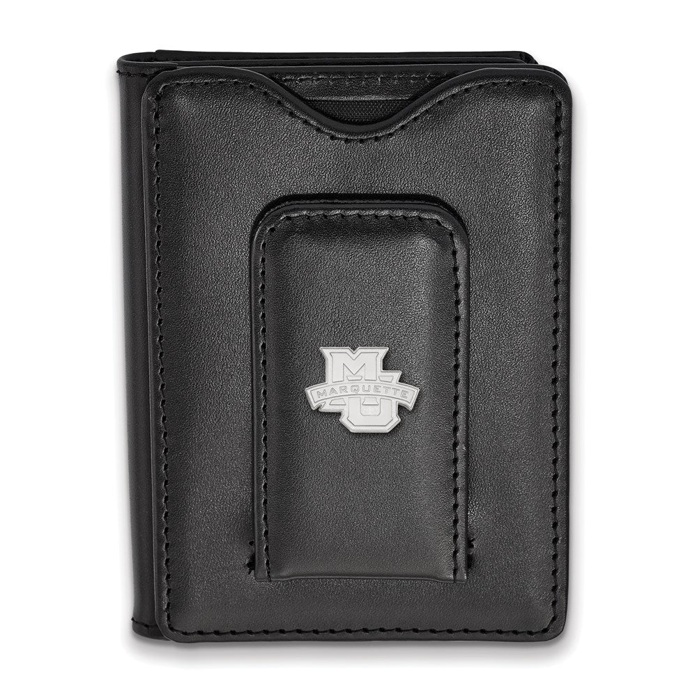 Sterling S. Rhodium Plated Logoart Marquette University Black Leather Wallet