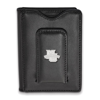 Sterling S. Rhodium Plated Logoart Marquette University Black Leather Wallet