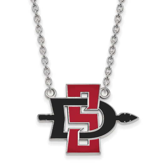 Sterling Silver Rhodium Plated Logoart San Diego State University Large Enameled Pendant 18 Inch Necklace