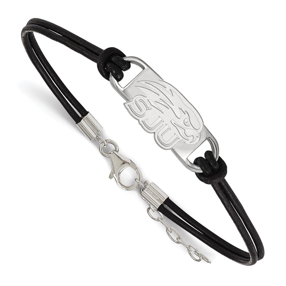 Sterling Silver Rhodium Plated Logoart Saint Joseph'S University Hawks Small Center Black Leather 7 Inch Bracelet With Extender