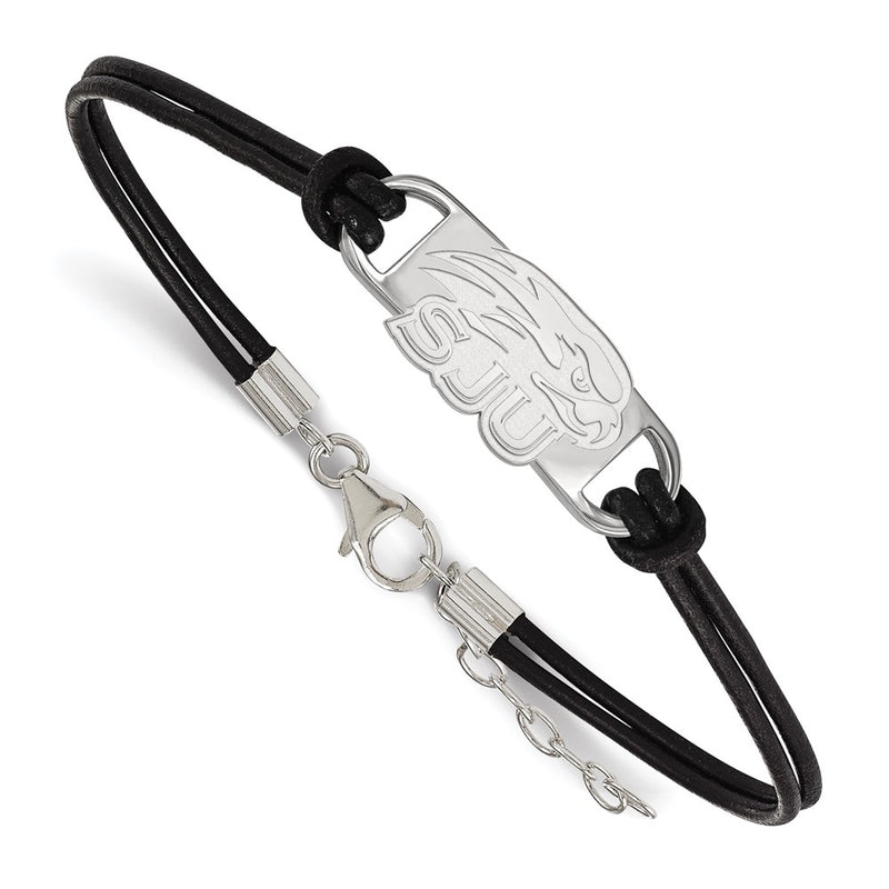 Sterling Silver Rhodium Plated Logoart Saint Joseph'S University Hawks Small Center Black Leather 7 Inch Bracelet With Extender