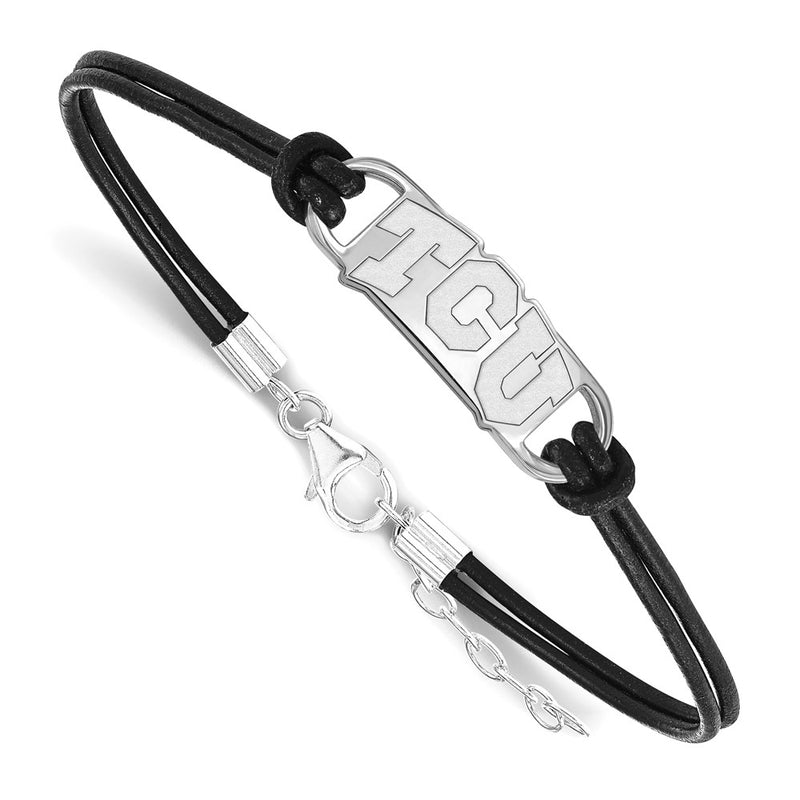 Sterling Silver Rhodium Plated Logoart Texas Christian University T C U Small Center Black Leather 7 Inch Bracelet With Extender