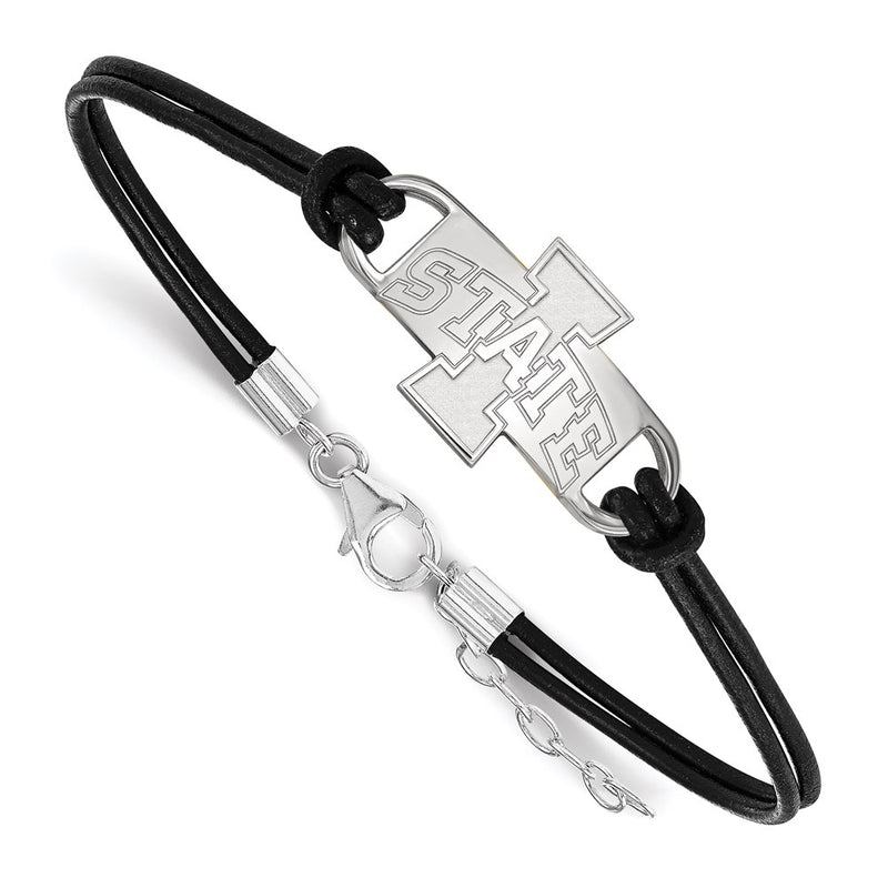 Sterling Silver Rhodium Plated Logoart Iowa State University Medium Center Black Leather 7 Inch Bracelet With Extender