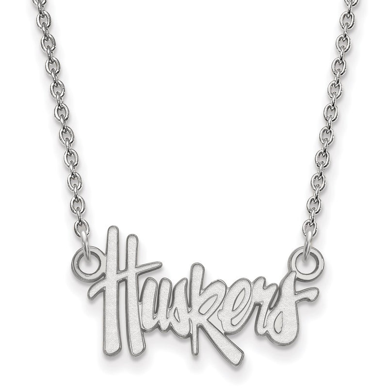 Sterling Silver Rhodium Plated Logoart University Of Nebraska Huskers Script Small Pendant 18 Inch Necklace