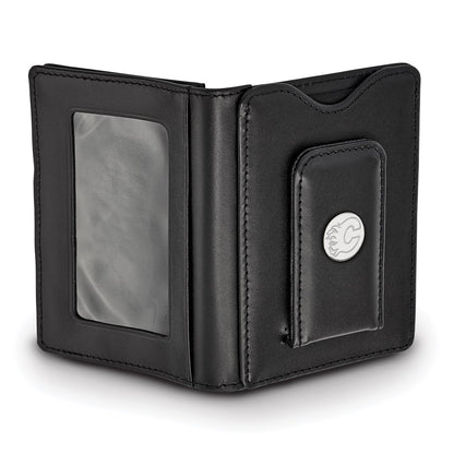 Sterling Silver Rhodium Plated Nhl Logoart Calgary Flames Black Leather Wallet