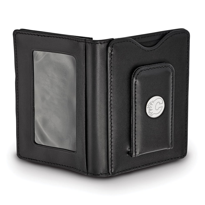 Sterling Silver Rhodium Plated Nhl Logoart Calgary Flames Black Leather Wallet
