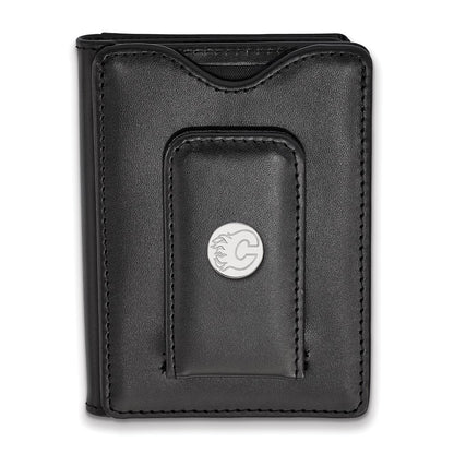 Sterling Silver Rhodium Plated Nhl Logoart Calgary Flames Black Leather Wallet